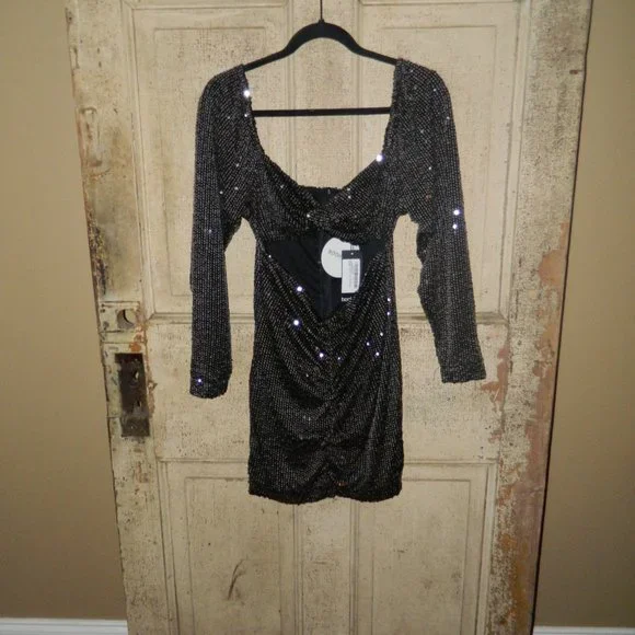 Boohoo Sequin Cut Out Twist Mini Dress Black Size 12 (BB-28) - Picture 6 of 7
